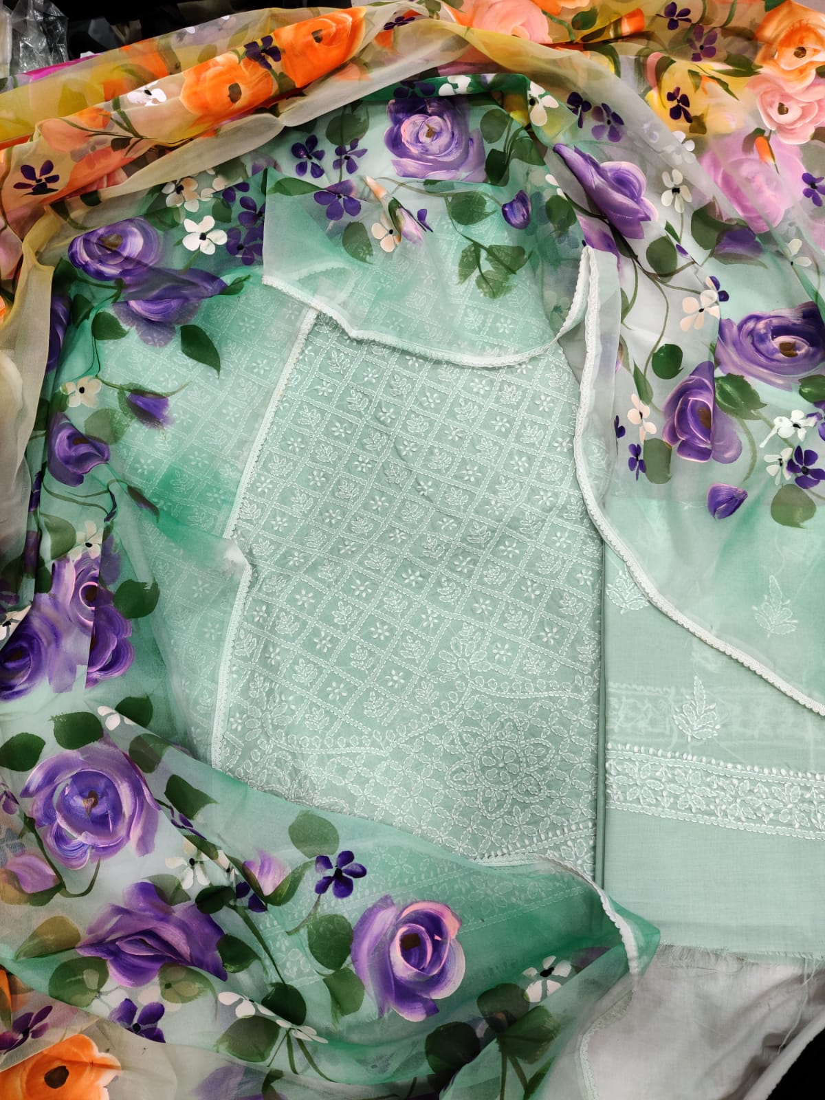 Petal Canvas – Chikankari Cotton Unstitched Suit Set with Handpainted Dupatta
