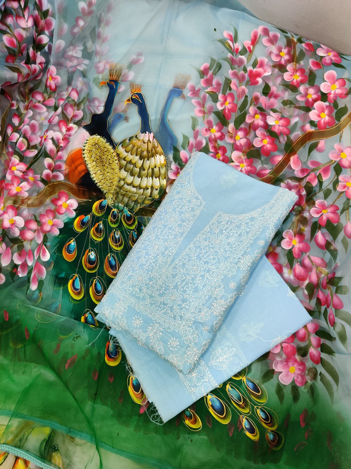 Peacock Grace – Handpainted Chikankari Cotton Unstitched Suit Set
