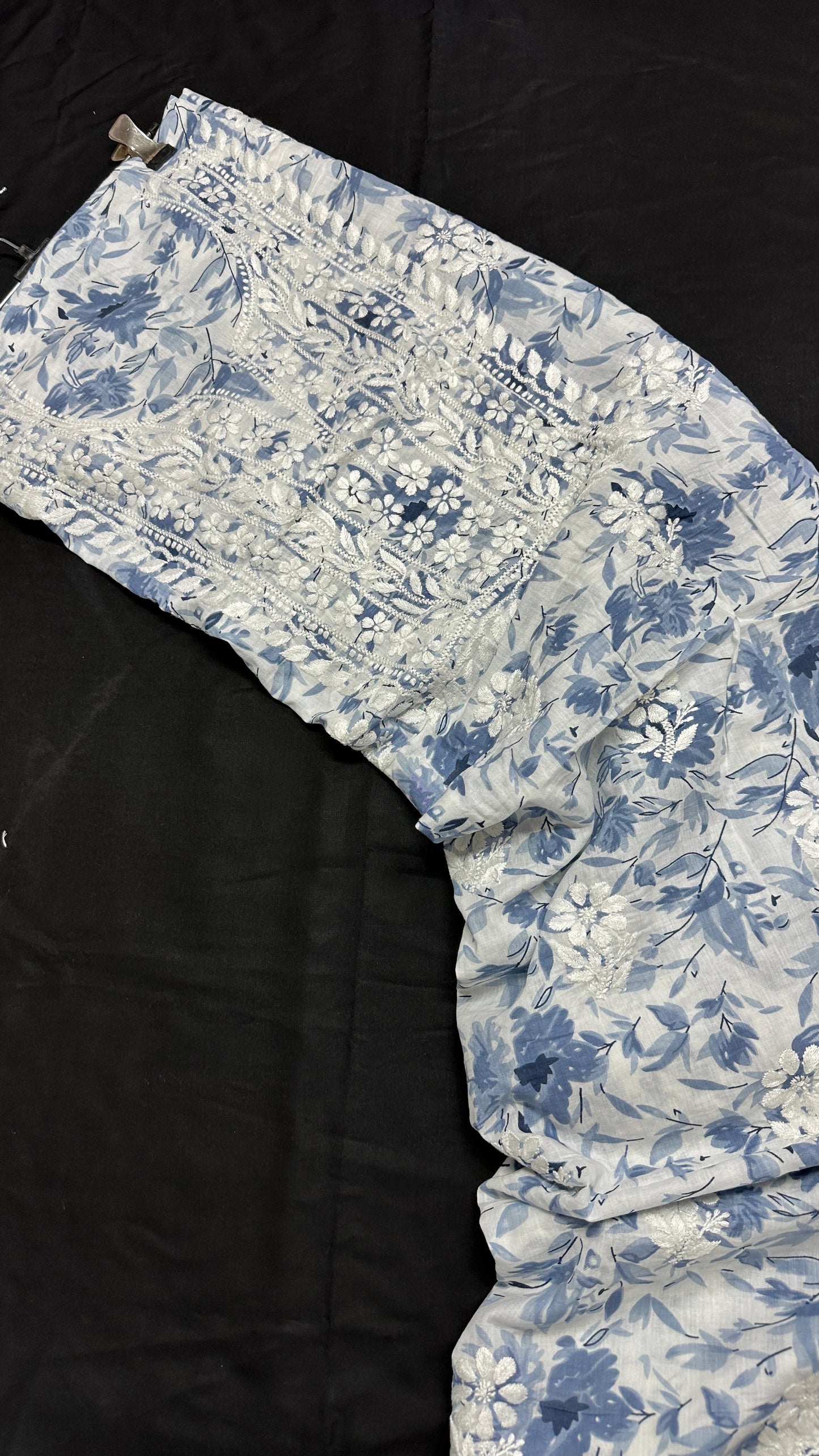 Blue Mirage – Handcrafted Chikankari on Printed Mulmul Cotton