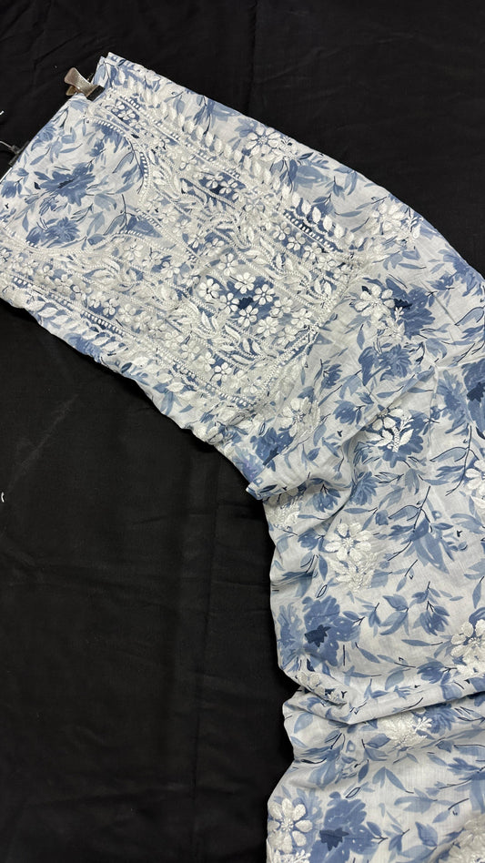 Blue Mirage – Handcrafted Chikankari on Printed Mulmul Cotton