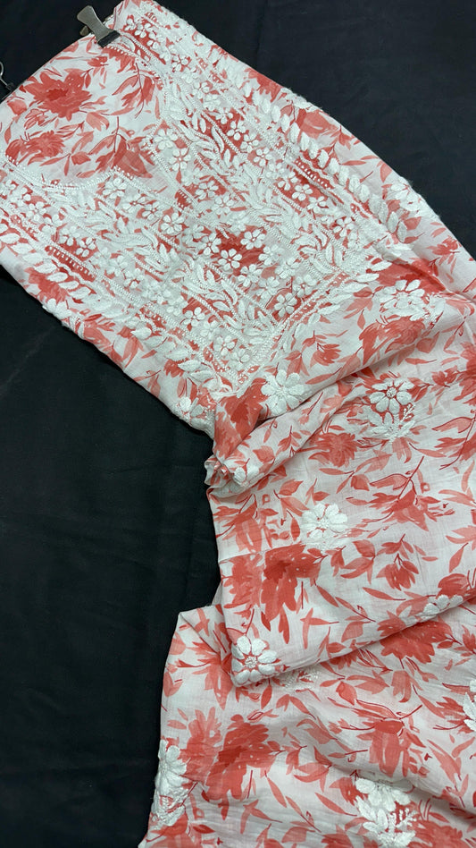 Sunbaked Rose – Handcrafted Chikankari on Printed Mulmul Cotton