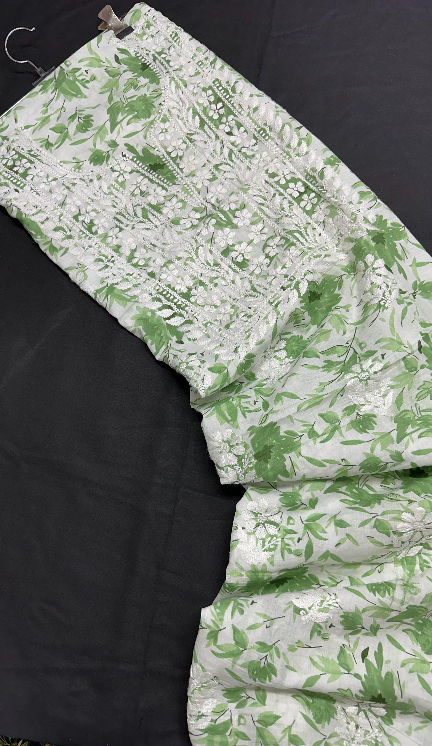Frosted Leaf – Handcrafted Chikankari on Printed Mul Cotton