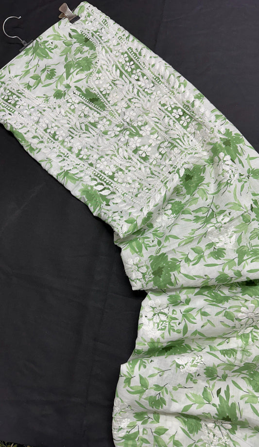 Frosted Leaf – Handcrafted Chikankari on Printed Mul Cotton