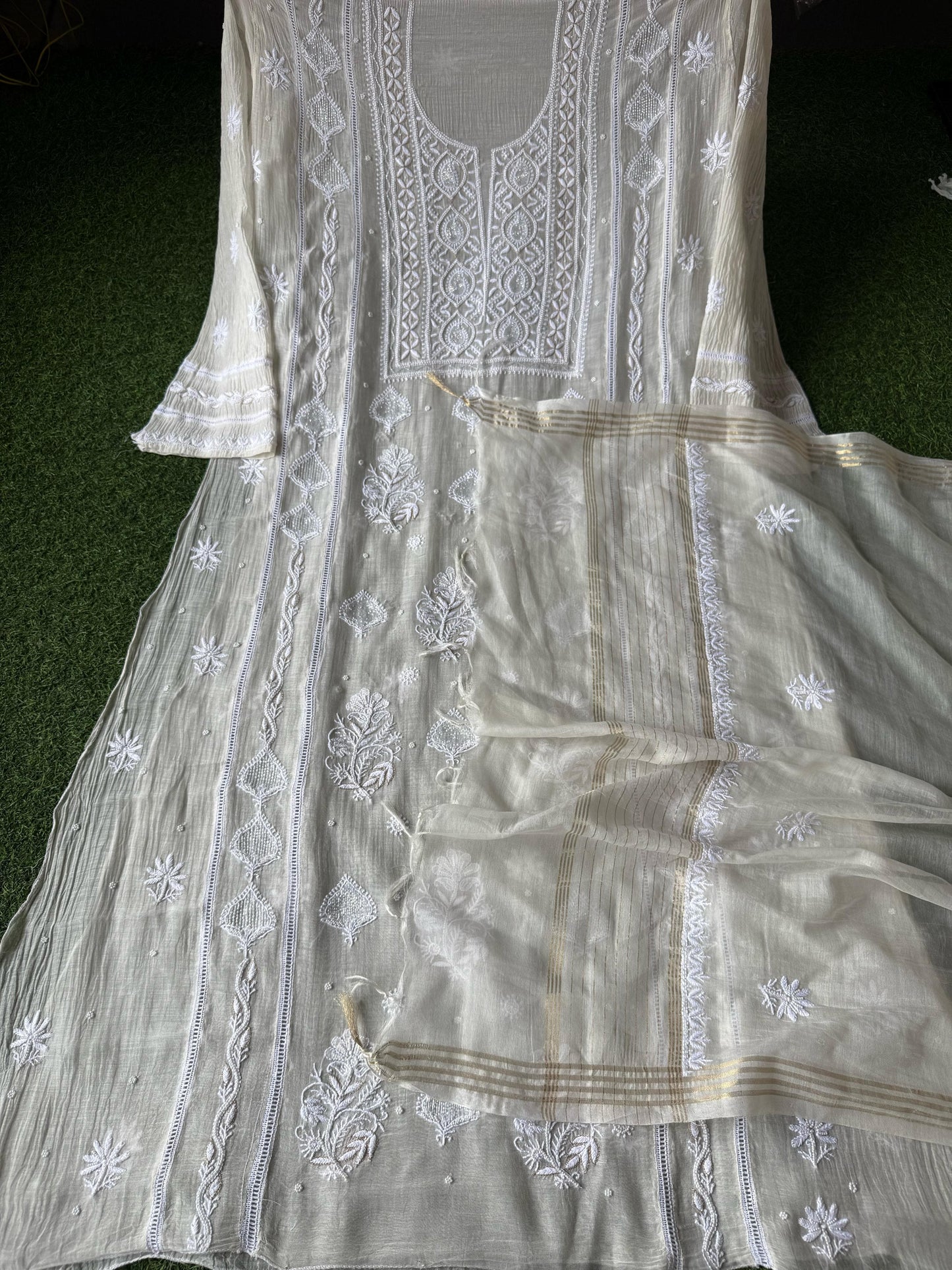 Cutdana and Pearl Embroidered Kurta Dupatta Set in Semi-Stitched Pure Mul Chanderi
