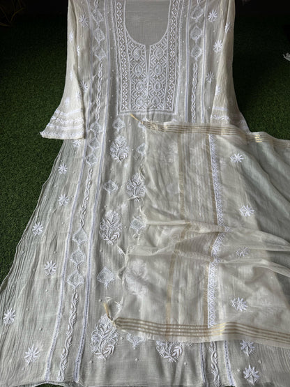 Cutdana and Pearl Embroidered Kurta Dupatta Set in Semi-Stitched Pure Mul Chanderi