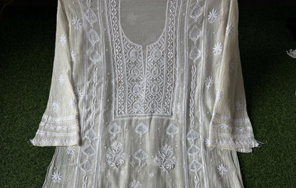 Cutdana and Pearl Embroidered Kurta Dupatta Set in Semi-Stitched Pure Mul Chanderi