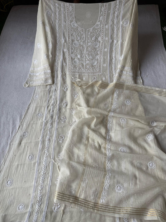 Noor Leaf – Semi-Stitched Kurta Dupatta Set in Pure Mul Chanderi with Pearl & Cutdana Accents