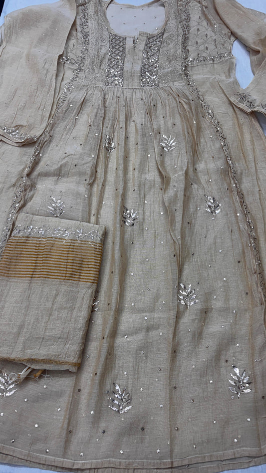 Greige Dust – Pure Tissue Chanderi Gown with Traditional Chaalu Mukaish