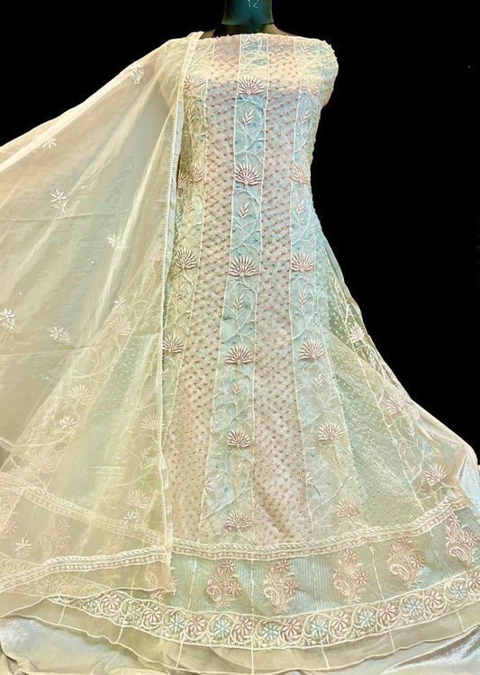 Ombre Aurora – Semi-Stitched Organza Anarkali in Aqua Peach Tint with Pearl and Cutdana Work