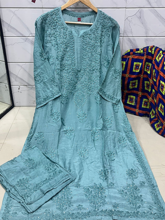 Ethereal Muslin Kurta Pant Set in Serene Tide Blue with Handcrafted Mukaish Work