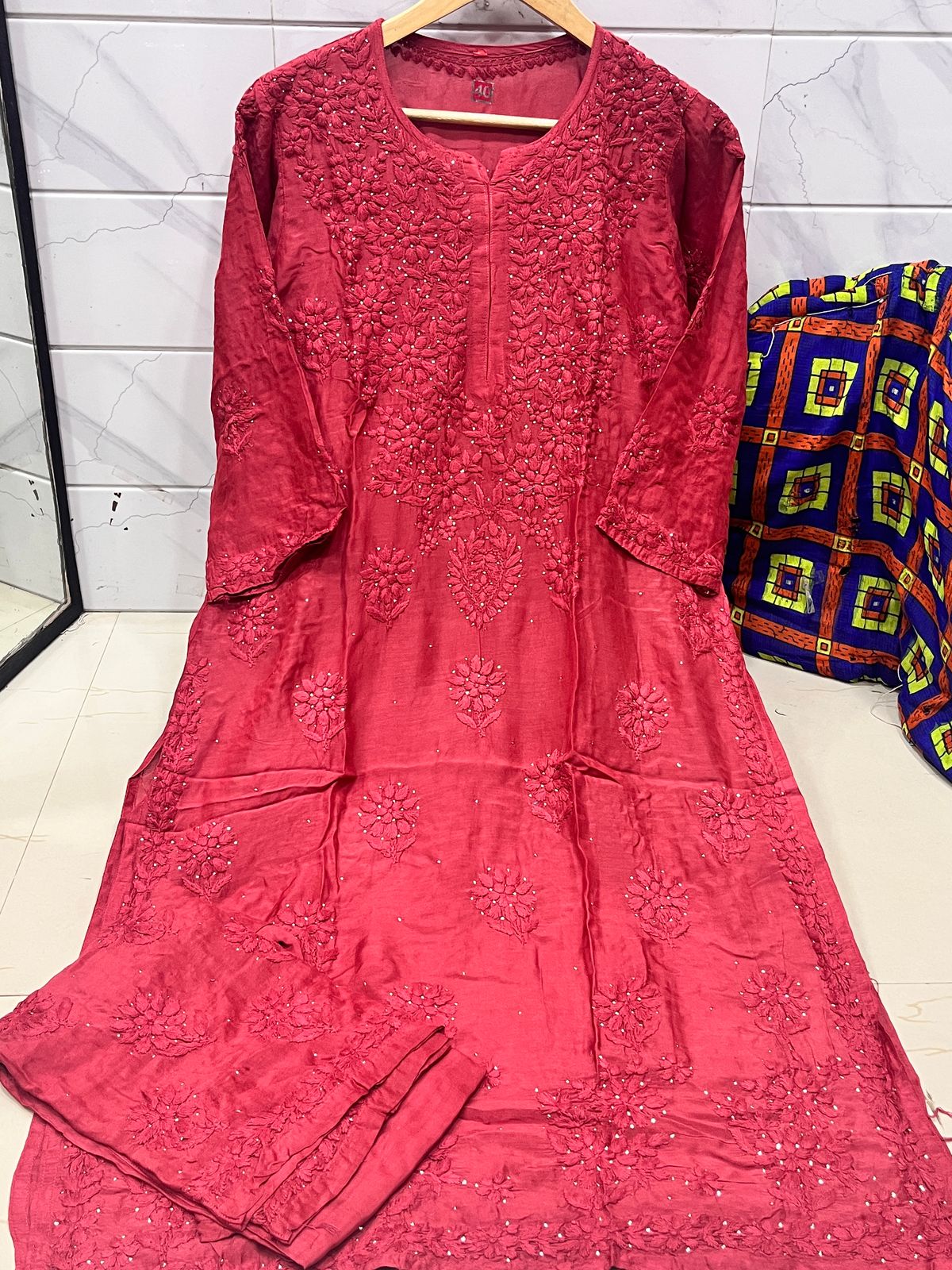 Muslin Kurta Set Elegance in Scarlet Red with Artisan Mukaish Highlights