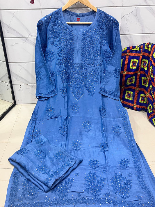 Mystic Blue Muslin Kurta Pant Set with Artisan Mukaish Embroidery