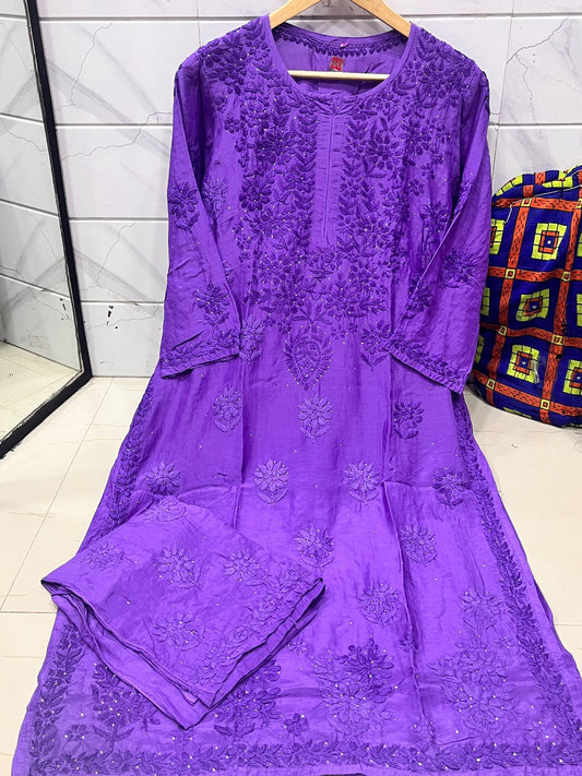 Royal Orchid Muslin Kurta Pant Set with Artisan Mukaish Accents