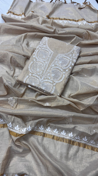 Muted Beige Tissue Kurta & Dupatta Unstitched with Chikankari and Pearl-Cutdana Embellishment