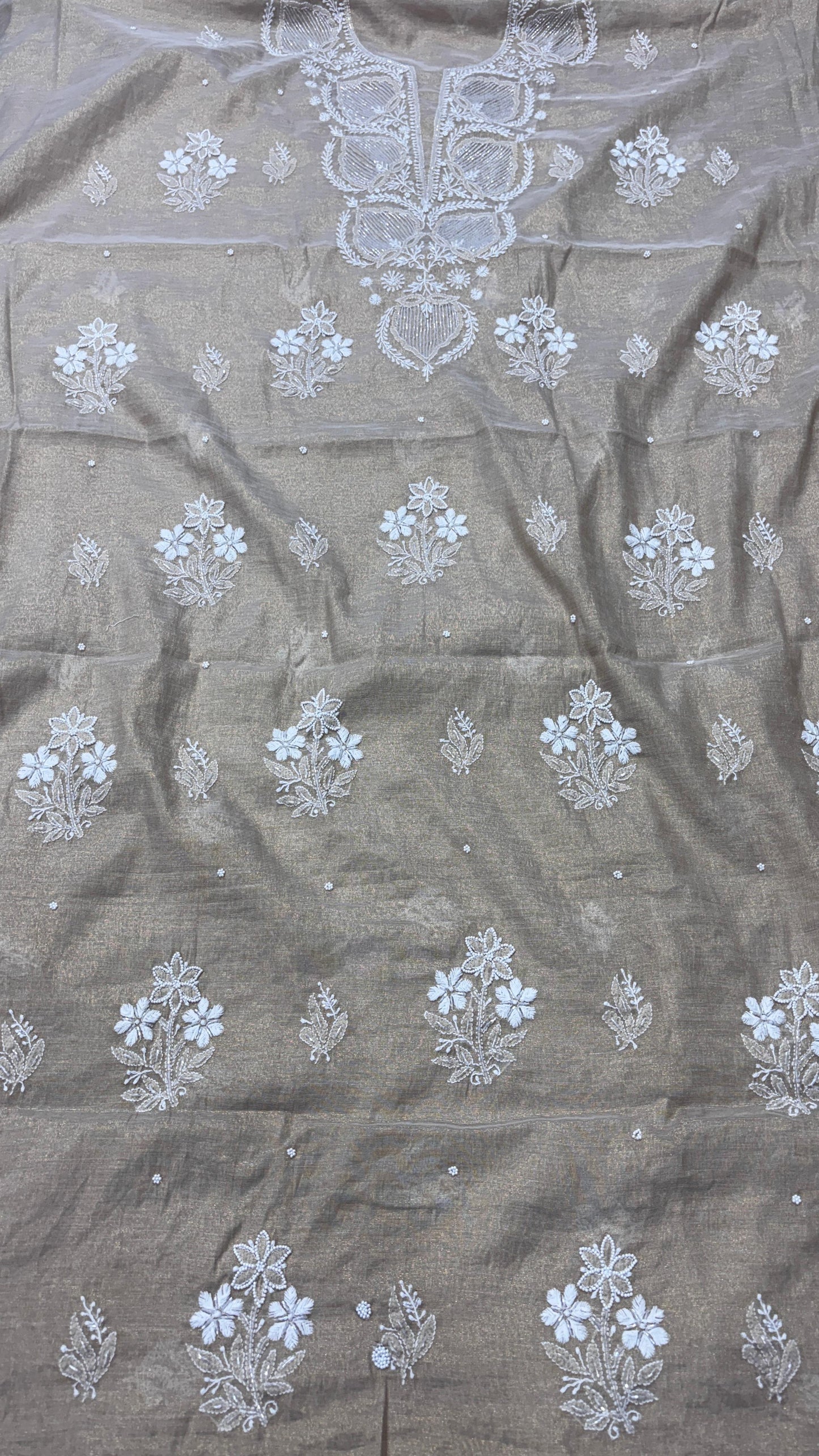 Muted Beige Tissue Kurta & Dupatta Unstitched with Chikankari and Pearl-Cutdana Embellishment