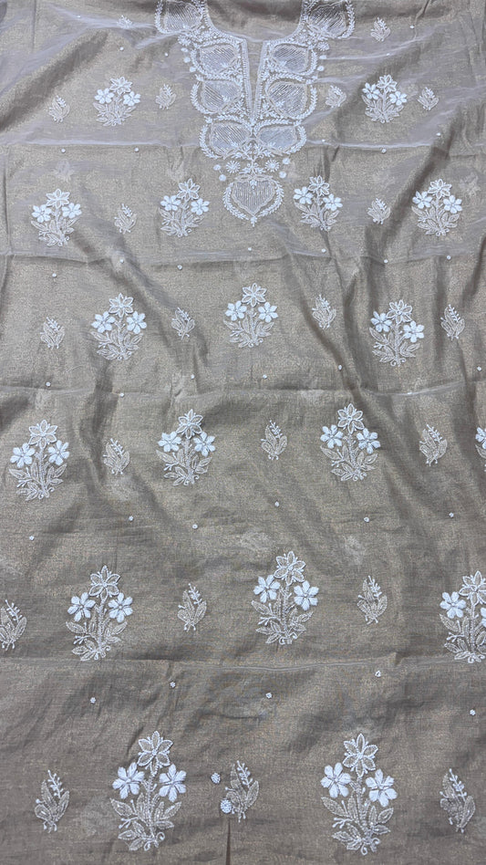Muted Beige Tissue Kurta & Dupatta Unstitched with Chikankari and Pearl-Cutdana Embellishment