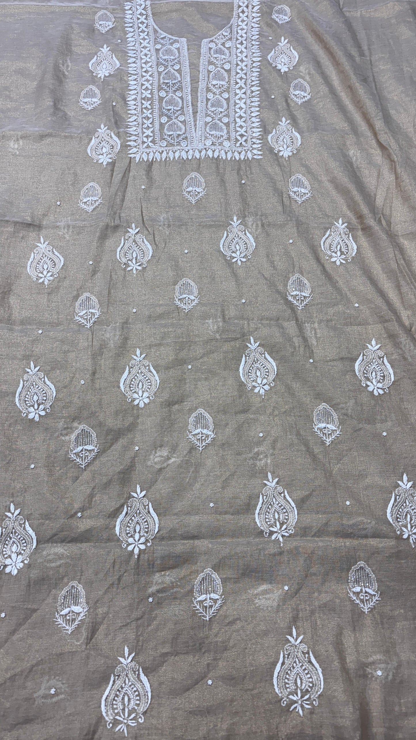 Muted Gold Tissue Kurta & Dupatta Unstitched with Chikankari and Pearl-Cutdana Embellishment
