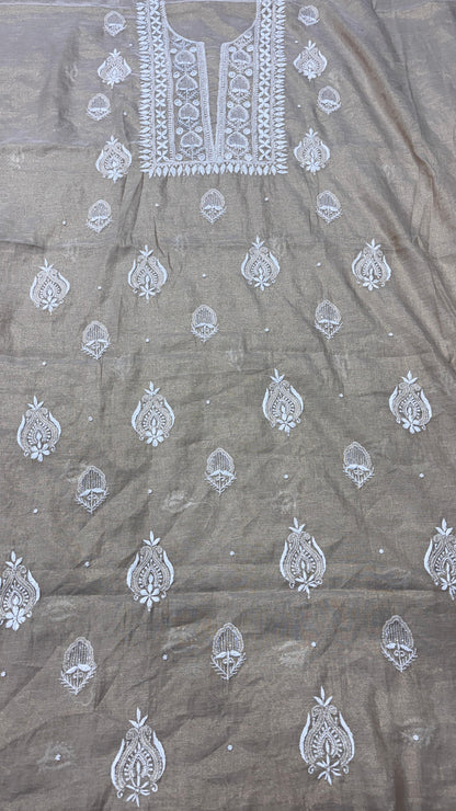 Muted Gold Tissue Kurta & Dupatta Unstitched with Chikankari and Pearl-Cutdana Embellishment