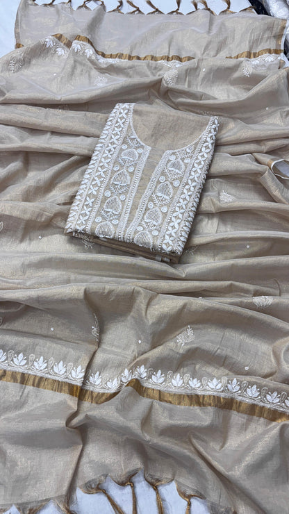 Muted Gold Tissue Kurta & Dupatta Unstitched with Chikankari and Pearl-Cutdana Embellishment