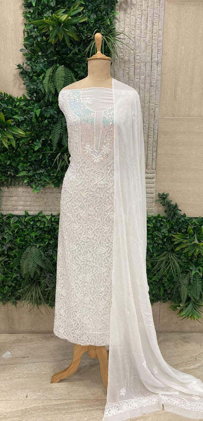 Designer White Viscose Georgette Kurta & Dupatta Set with Intricate Bead, Sequin & Chikankari Work