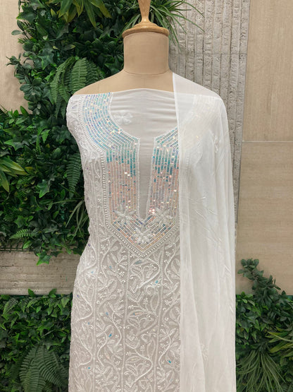 Designer White Viscose Georgette Kurta & Dupatta Set with Intricate Bead, Sequin & Chikankari Work