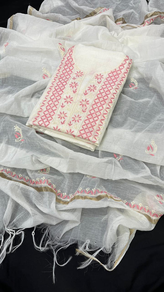 White Base Mul Chanderi Kurta & Dupatta Set with Pink Embroidery