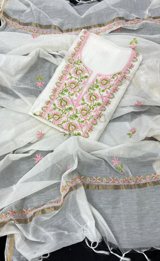 Moonmilk Mul Chanderi Kurta Set with Embroidered Rosy Blush and Misty Herb Shades