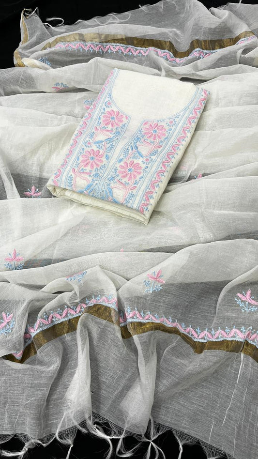 Feather White Mul Chanderi Kurta & Dupatta Set in Handcrafted Rose Milk and Powdered Frost Tints