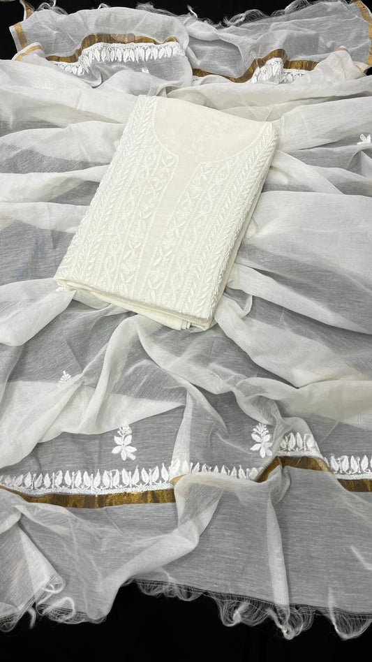 White-on-White Mul Chanderi Kurta Dupatta Set with Delicate Chikankari Accents