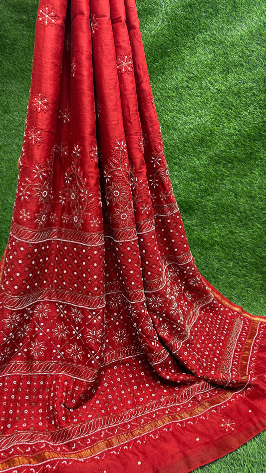 Crimson Couture – Pure Chanderi Silk Saree with Lucknowi Chikankari & Exquisite Detailing