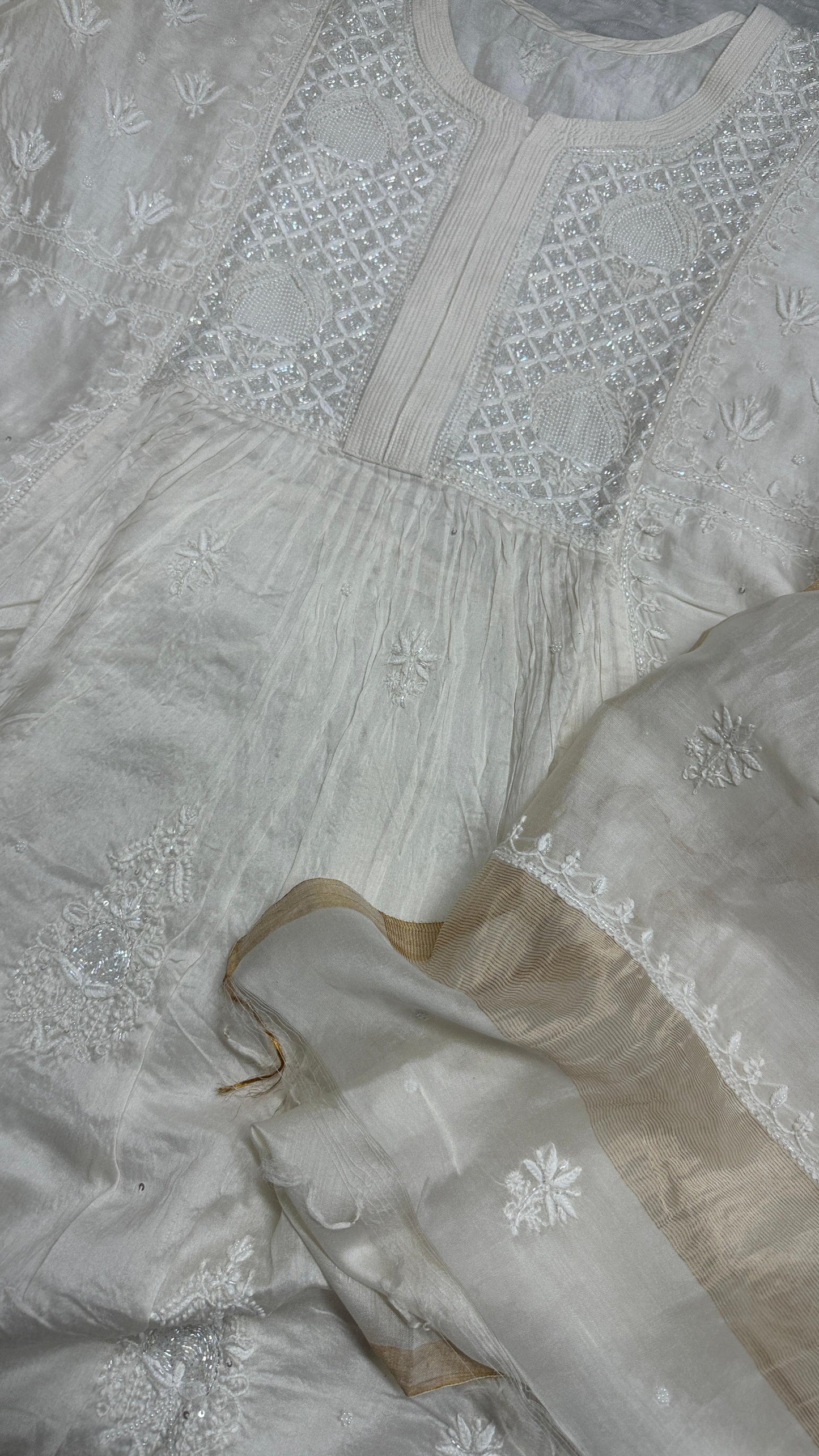 Ethereal White – Chanderi Silk Gown with Cutdana, Teeki & Pearl Accents
