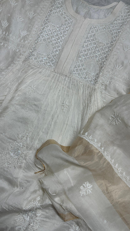 Ethereal White – Chanderi Silk Gown with Cutdana, Teeki & Pearl Accents