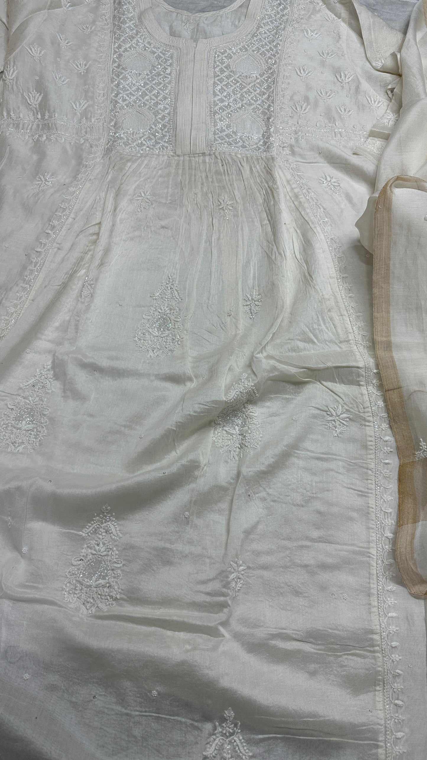 Ethereal White – Chanderi Silk Gown with Cutdana, Teeki & Pearl Accents