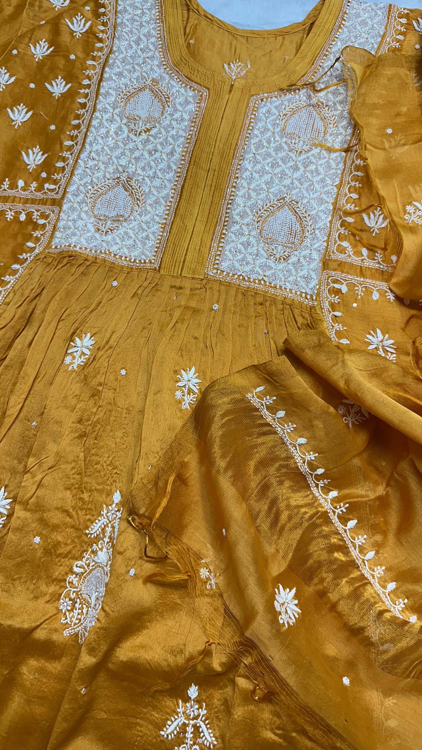 Mustard Royale – Chanderi Gown & Dupatta Set with Handcrafted Pearl, Cutdana & Pitta Embellishments