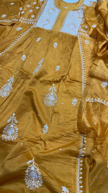 Mustard Royale – Chanderi Gown & Dupatta Set with Handcrafted Pearl, Cutdana & Pitta Embellishments