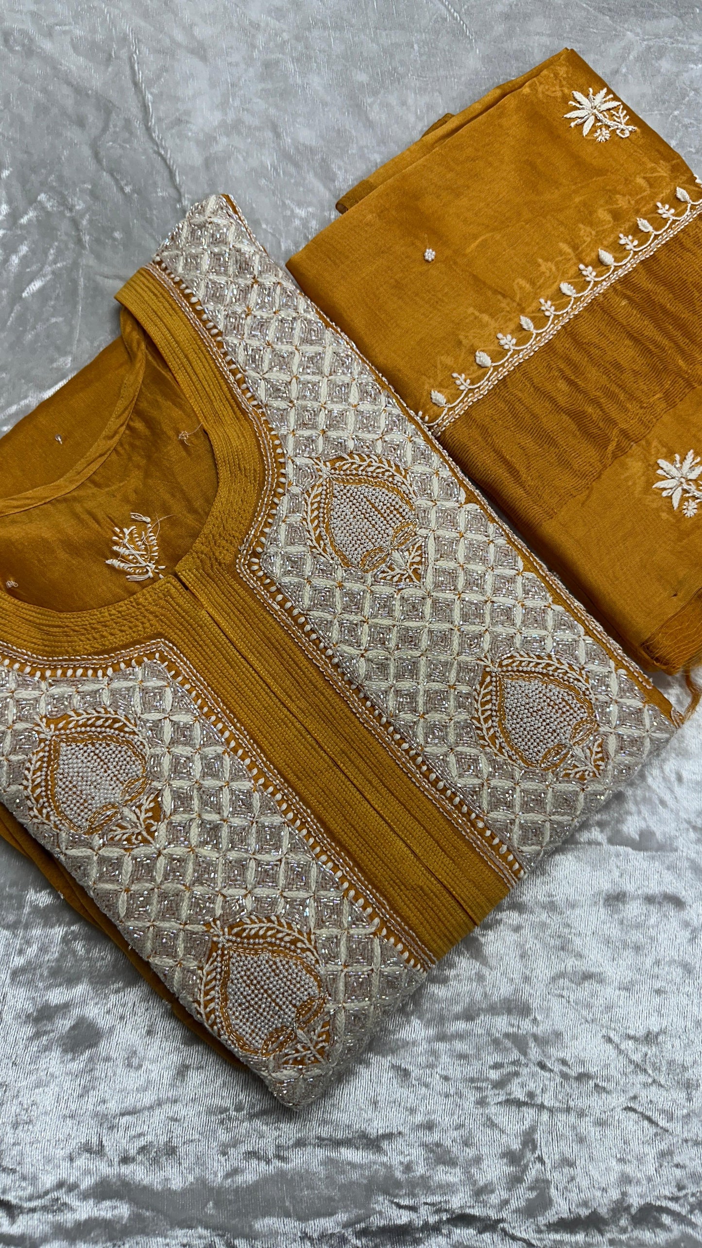 Mustard Royale – Chanderi Gown & Dupatta Set with Handcrafted Pearl, Cutdana & Pitta Embellishments