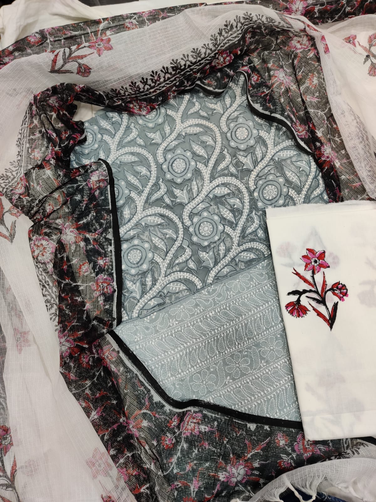 Dew-Kissed Grey: Pure Cotton Suit in Sage-Grey with Hand-Embroidered Detail