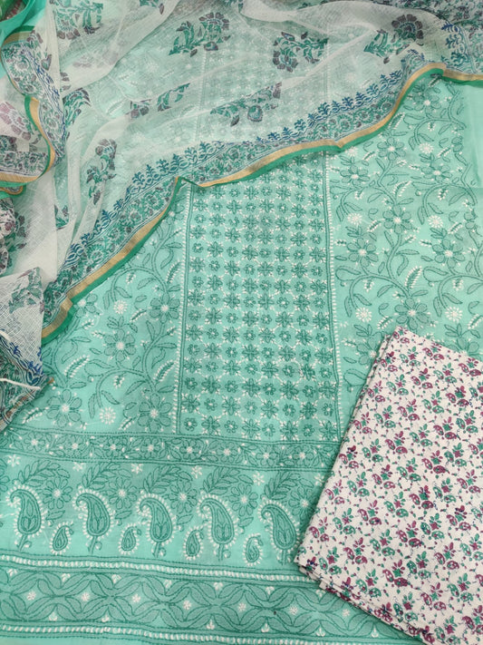 Elegant Seafoam Pure Cotton Suit with Plum Accents and Kota Doria Charm