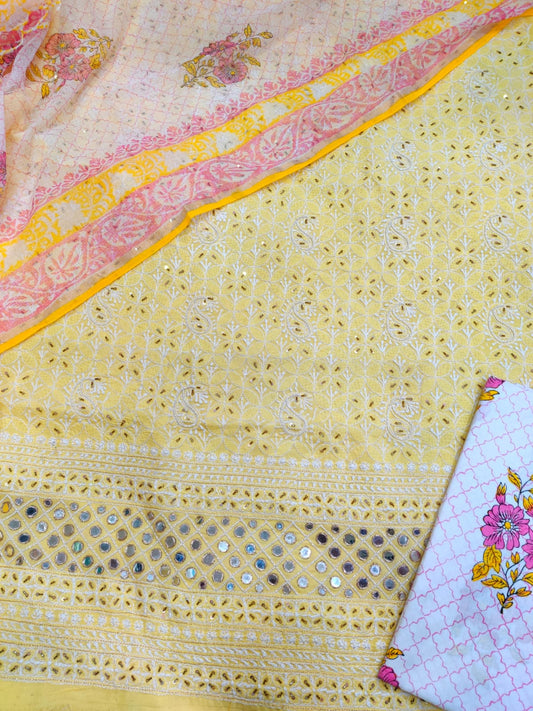 Pure Cotton Creamy Yellow Suit with White Thread Work, Real Mirror & Sequin Detailing