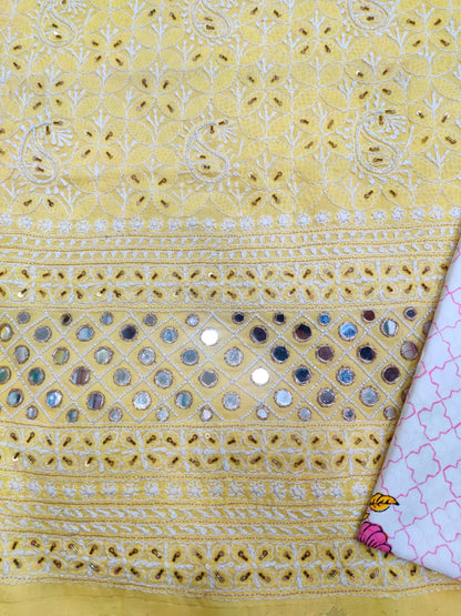 Pure Cotton Creamy Yellow Suit with White Thread Work, Real Mirror & Sequin Detailing