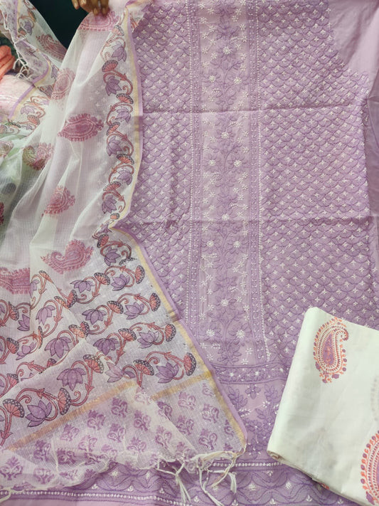 Amara Lavender: Unstitched Artistic Chikankari Suit in Dusty Lilac with Printed Kota Dupatta