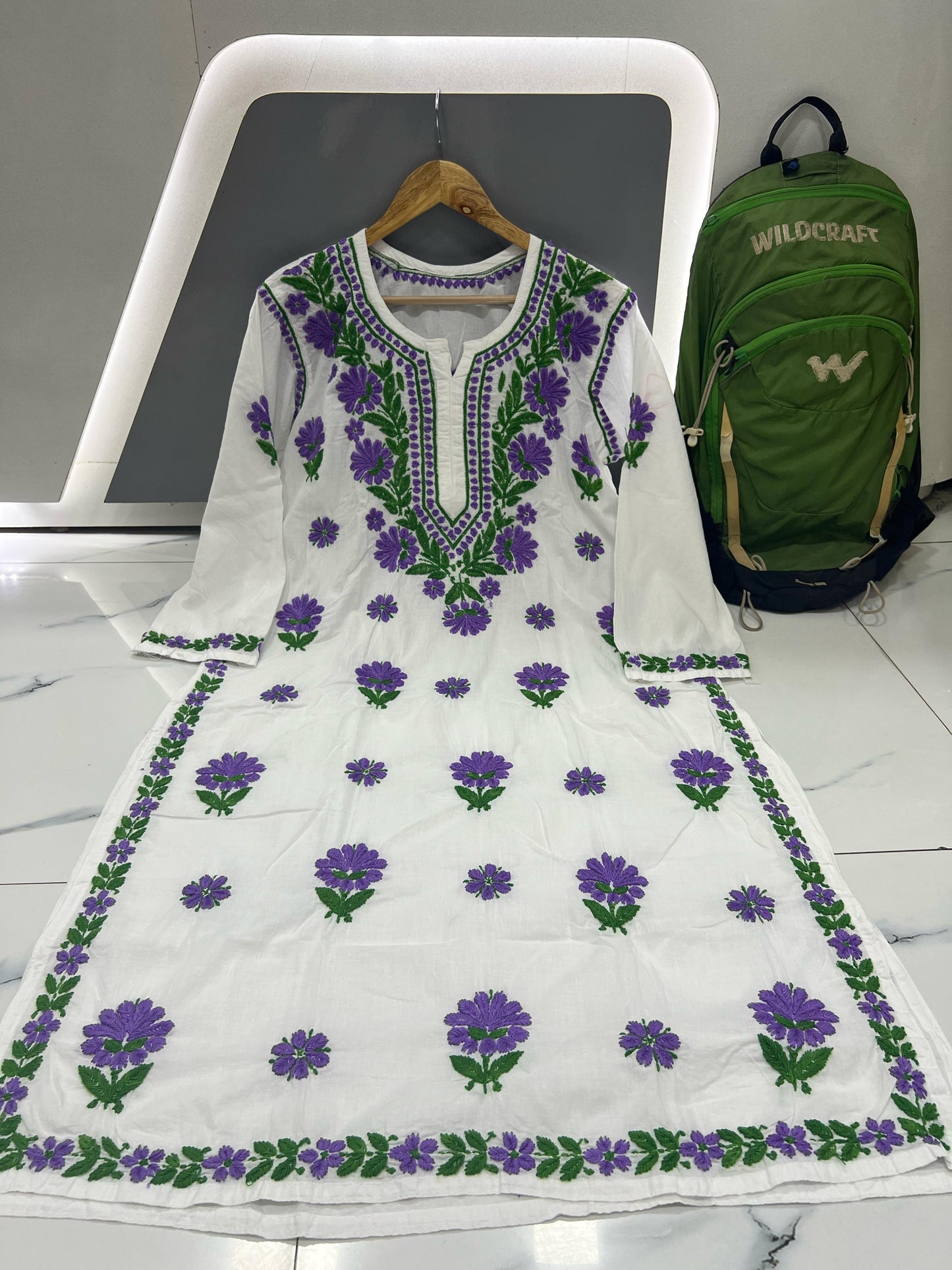 Pearl Canvas – White Kurti with Soothing Lavender & Moss Green Chikankari Thread Work