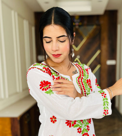 Pearl Canvas – White Kurti with Vibrant Red & Olive Chikankari Thread Work