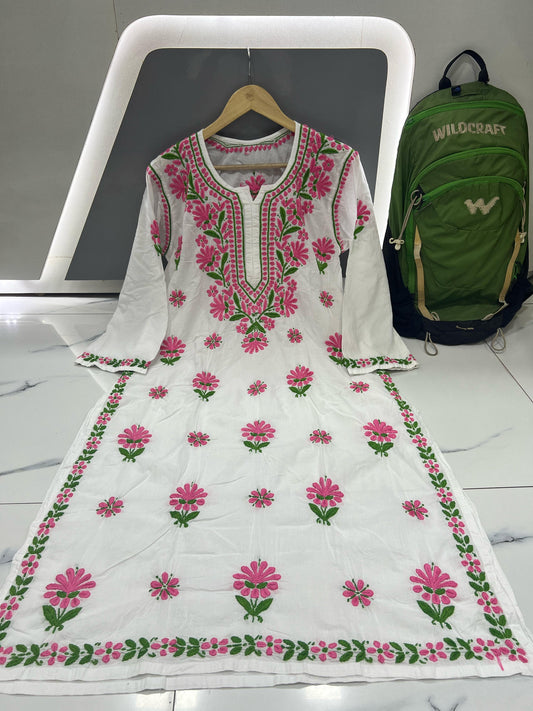 Pearl Canvas – White Kurti with Soft Pink & Green Chikankari Thread Work