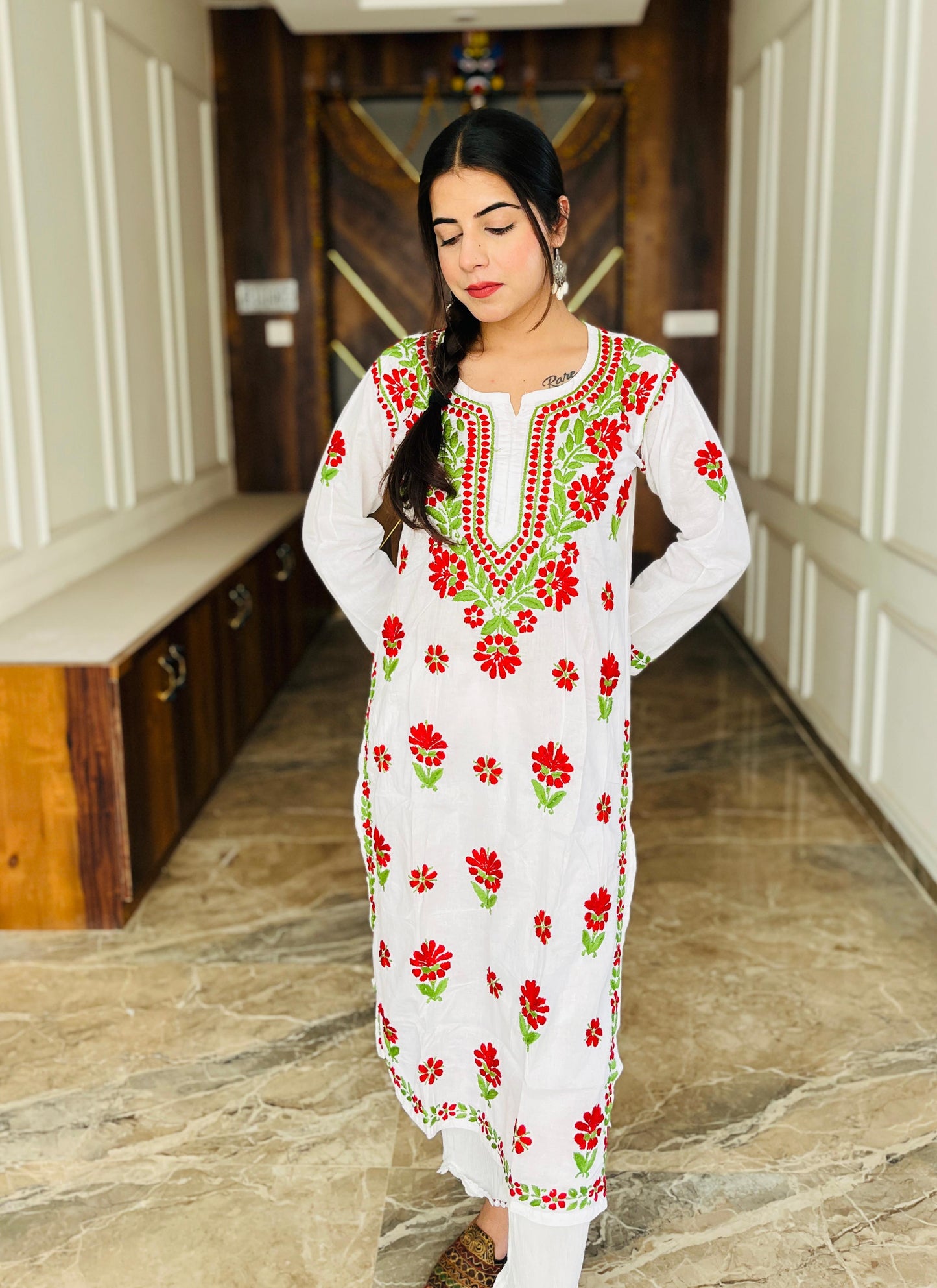 Pearl Canvas – White Kurti with Vibrant Red & Olive Chikankari Thread Work