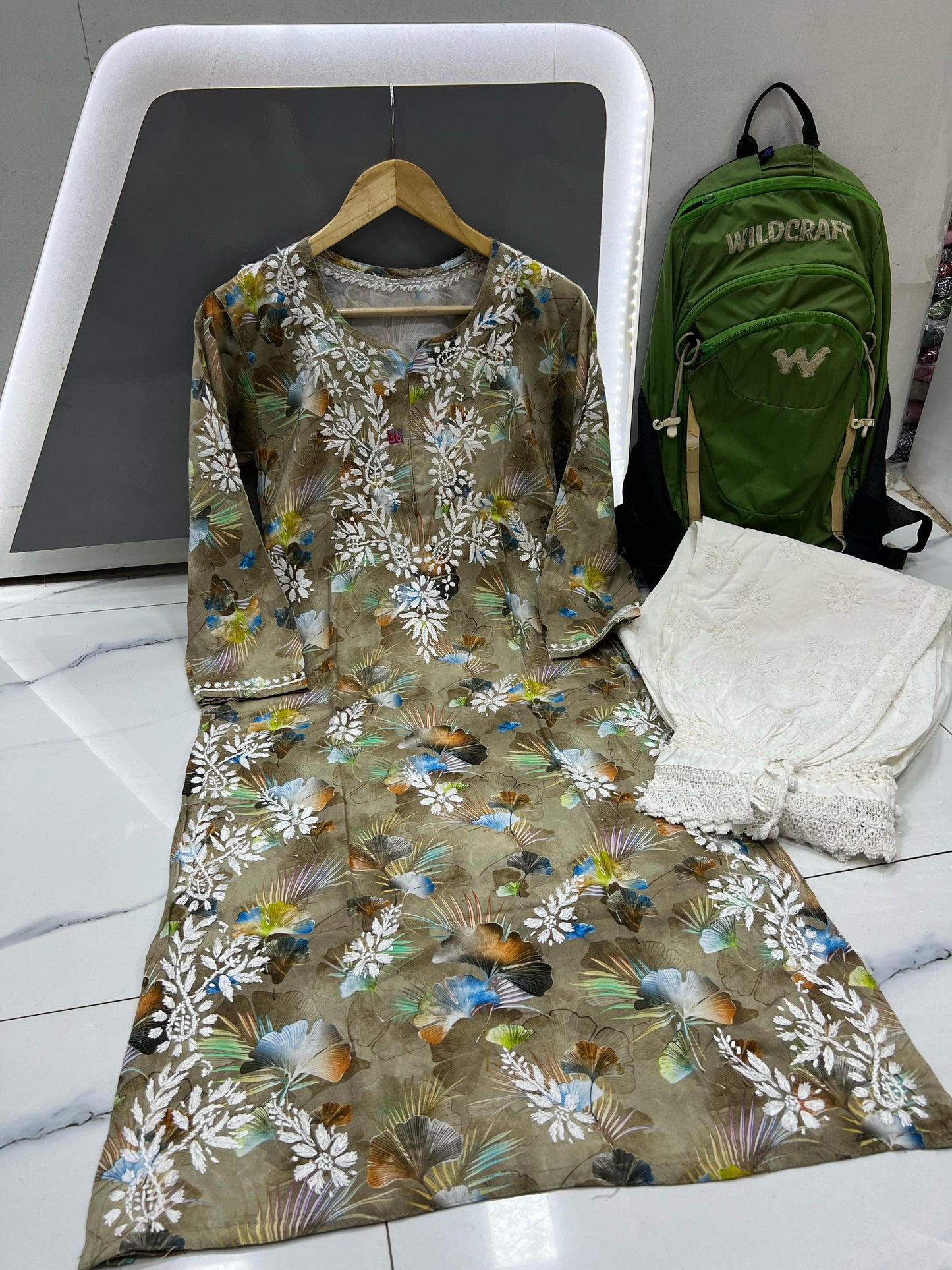 Olive Dusk – Warm Olive Printed Modal Kurta with Vibrant Floral Hues and Delicate White Chikankari