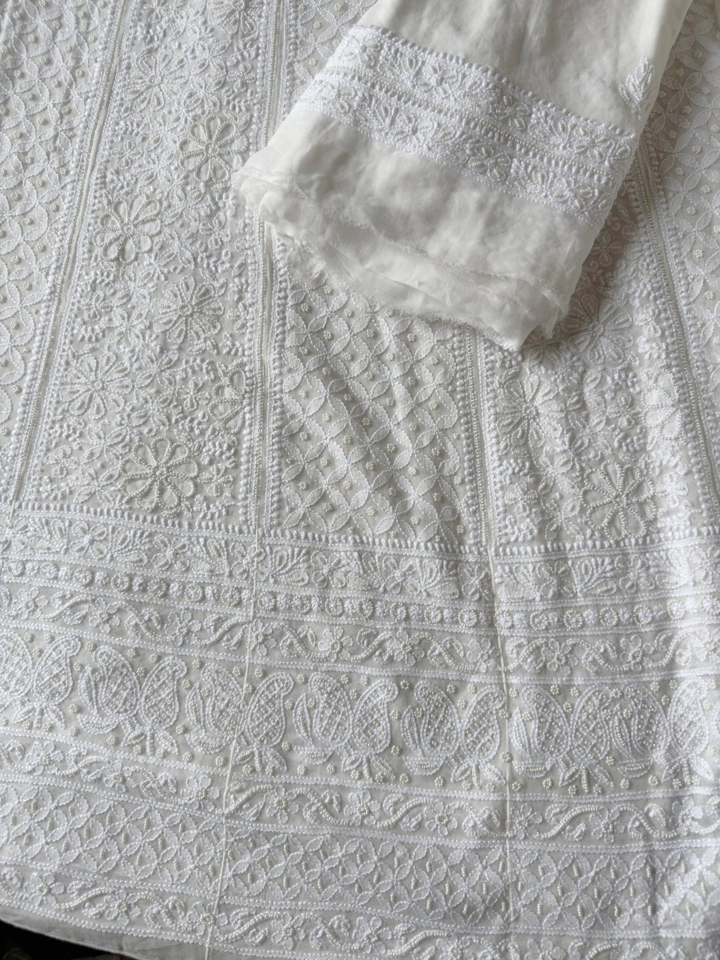Dyeable Dream – Pure White Anarkali Set in Viscose Georgette with Double Jaal Chikankari & Pearl Highlights