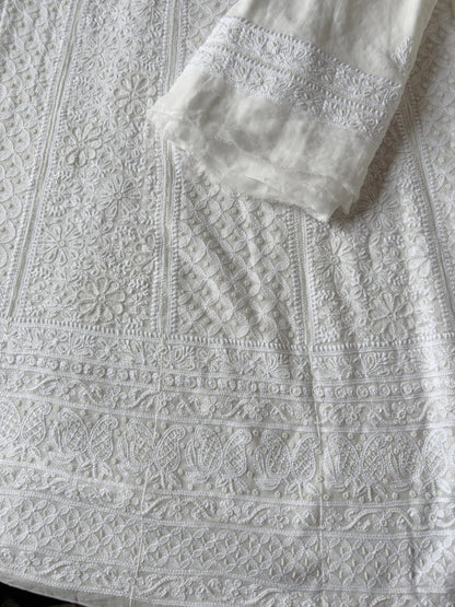 Dyeable Dream – Pure White Anarkali Set in Viscose Georgette with Double Jaal Chikankari & Pearl Highlights