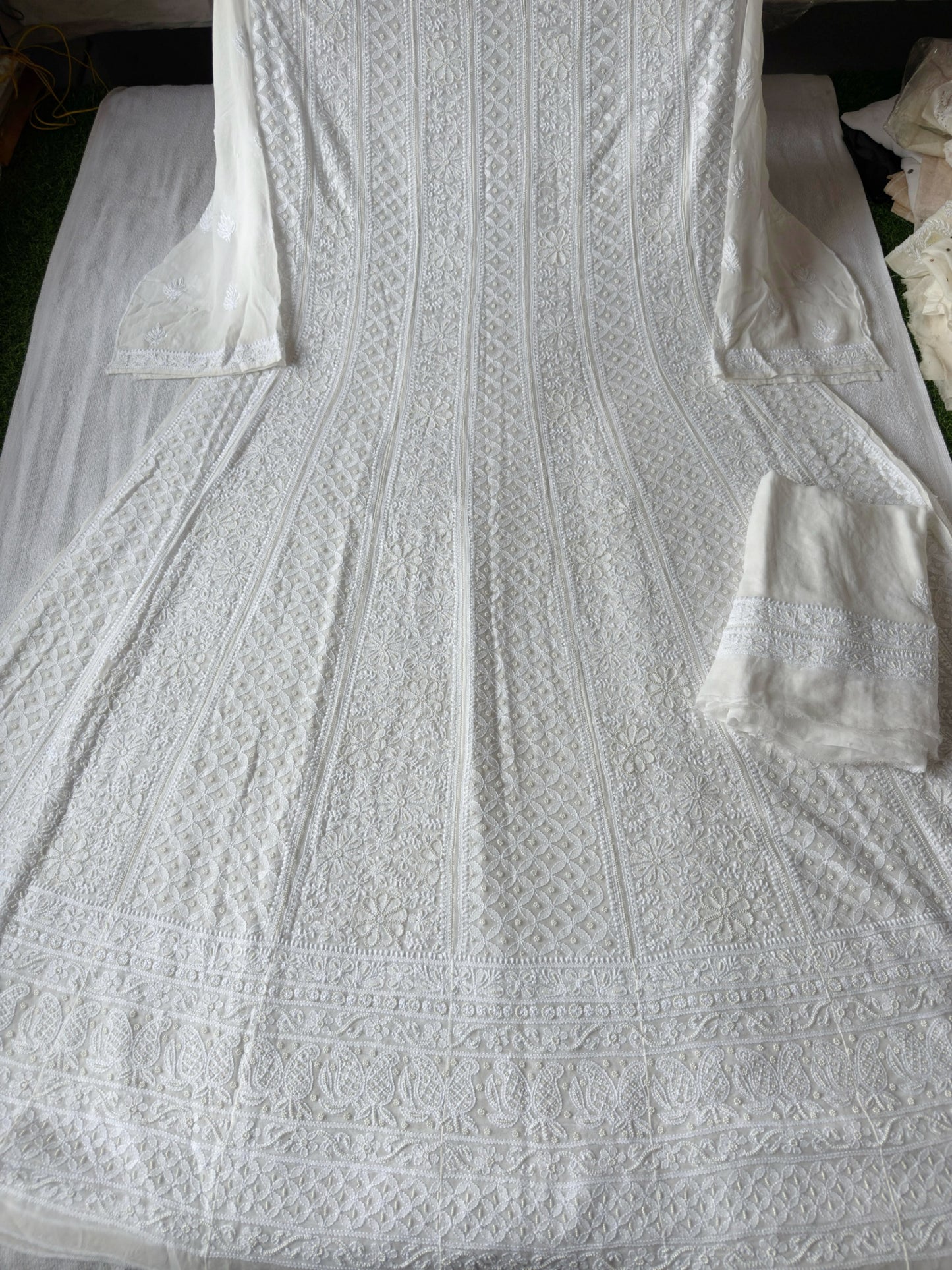 Dyeable Dream – Pure White Anarkali Set in Viscose Georgette with Double Jaal Chikankari & Pearl Highlights
