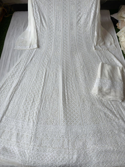 Dyeable Dream – Pure White Anarkali Set in Viscose Georgette with Double Jaal Chikankari & Pearl Highlights